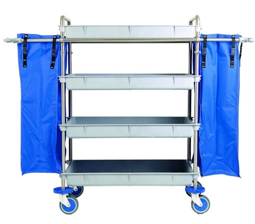 [F-LP-10-CR] Verchromter Wäsche- und Reinigungswagen mit 2 Beuteln und 4 Tabletts. 1470 x 560 x 1280 mm